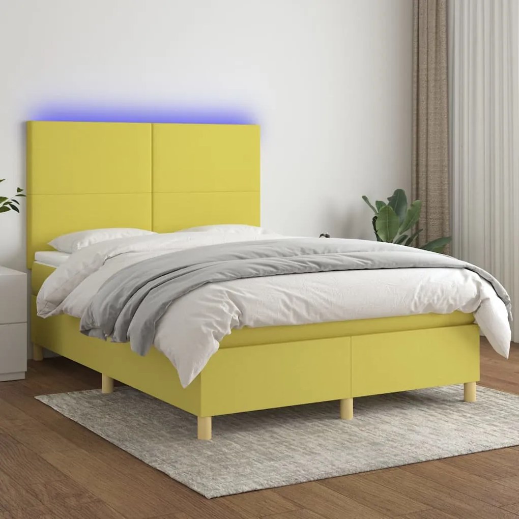 vidaXL Cama box spring c/ colchão e LED 140x190 cm tecido verde