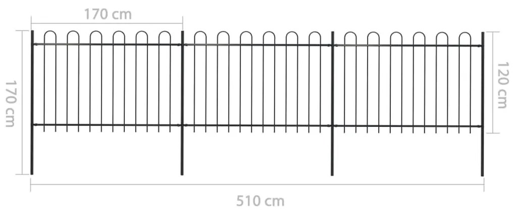 Cerca de jardim com topo em aros 5,1x1,2 m aço preto