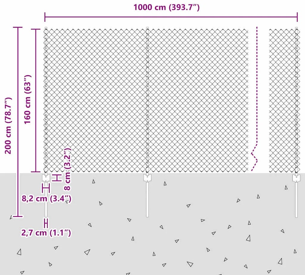 Cerca de Cadeia com 20 Postes U Prateados 1.6x10 m Aço