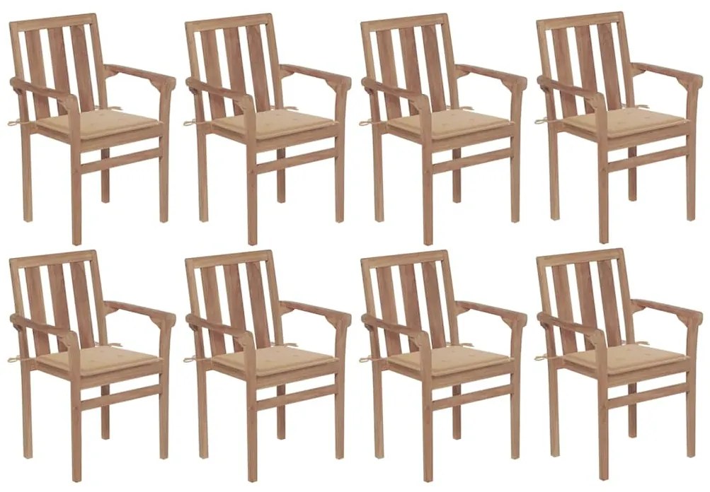 vidaXL Cadeiras de jardim empilháveis c/ almofadões 8 pcs teca maciça