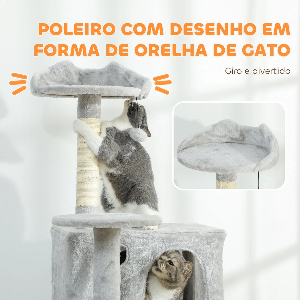 Arranhador para Gatos com Múltiplas Plataformas Cama 2 Cavernas Rede Escada Postes de Sisal 56x56x180 cm Cinza