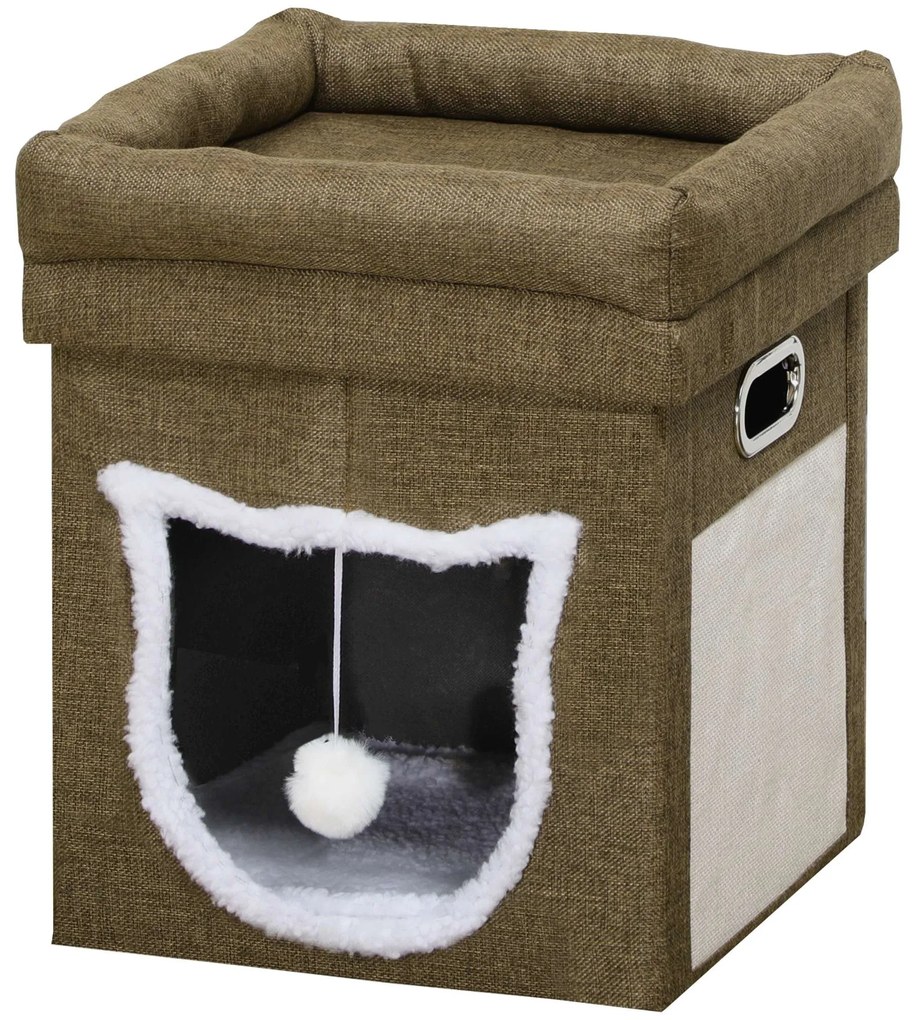 PawHut Casa para Gatos com Cama Superior Arranhador Almofada Suave e Bola Suspensa 39x39x42 cm Marrom