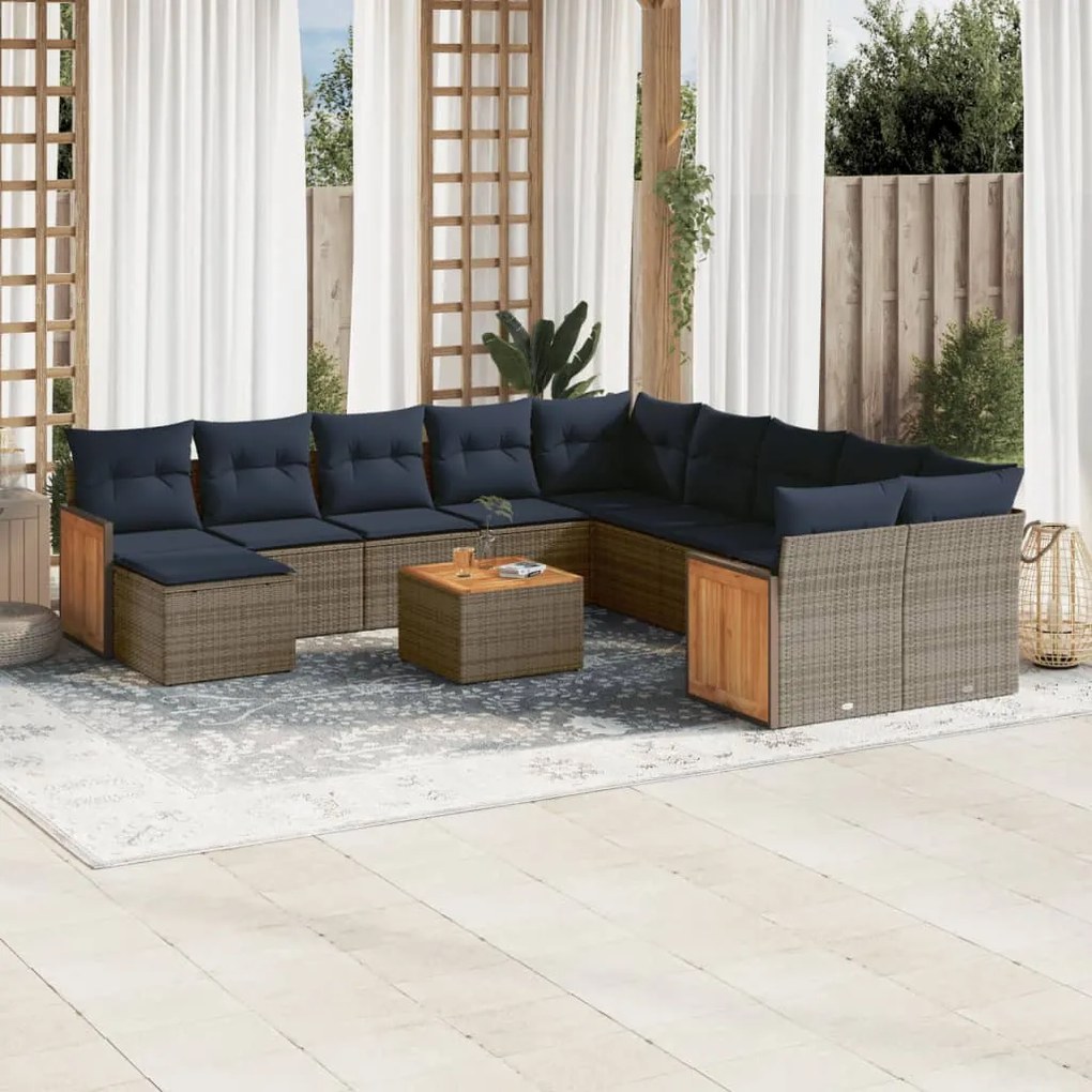 vidaXL 12 pcs conjunto sofás p/ jardim c/ almofadões vime PE cinzento