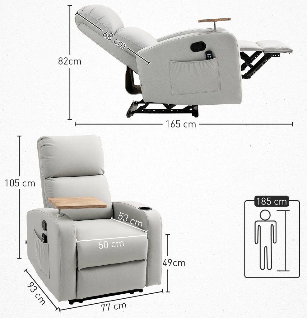 Poltrona de Massagem Poltrona Relax Elétrica com 4 Modos de Vibração Reclinação 145° Mesa 2 Bolsos Laterais 77x93x105 cm Cinza