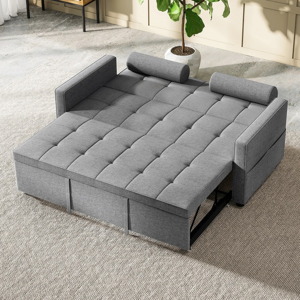 Sofá-Cama 2 Lugares 3 em 1 Deslizante em Tecido Linho com Encosto Ajustável Bolsos 2 Almofadas para Sala de Estar Cinza