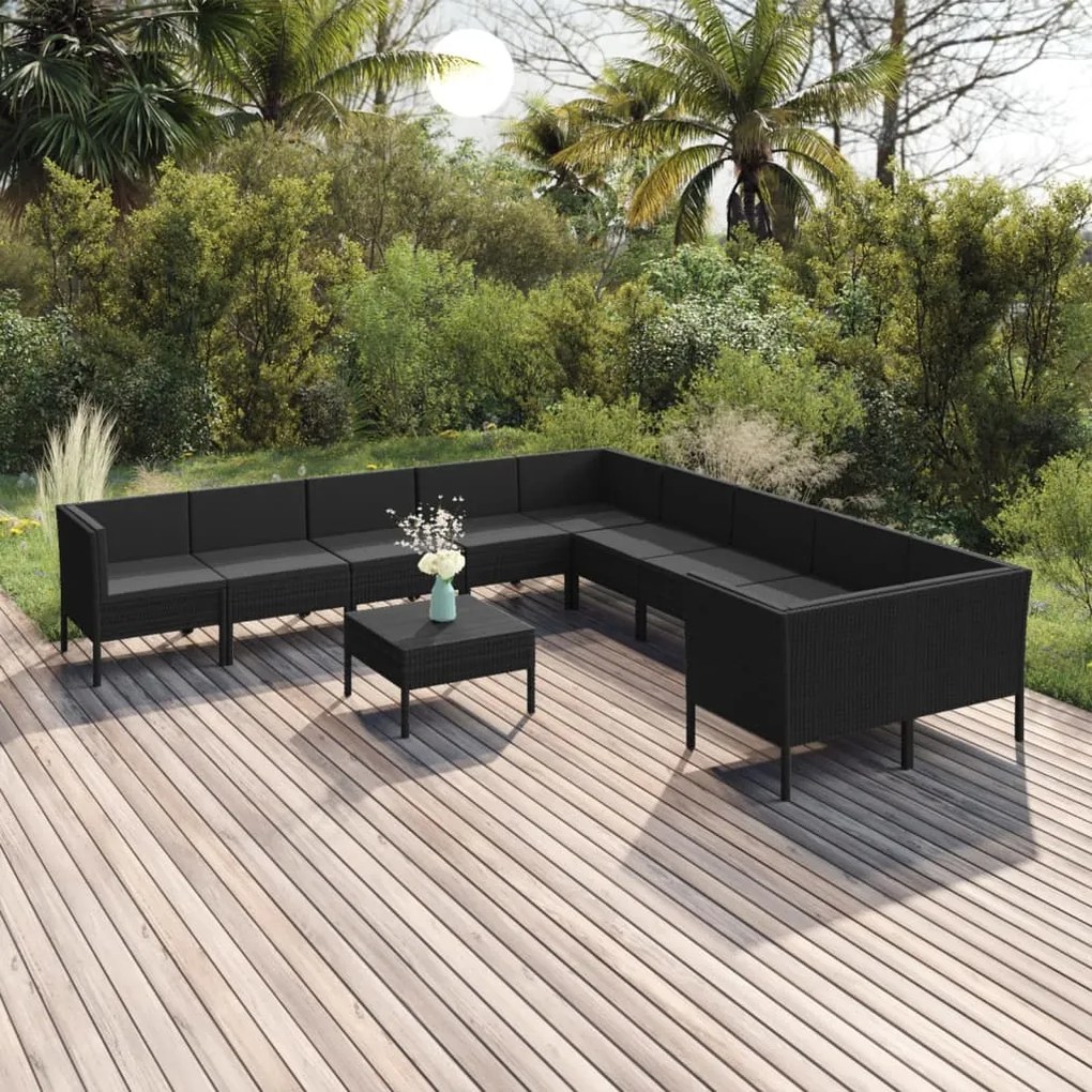 vidaXL 11 pcs conjunto lounge de jardim c/ almofadões vime PE preto