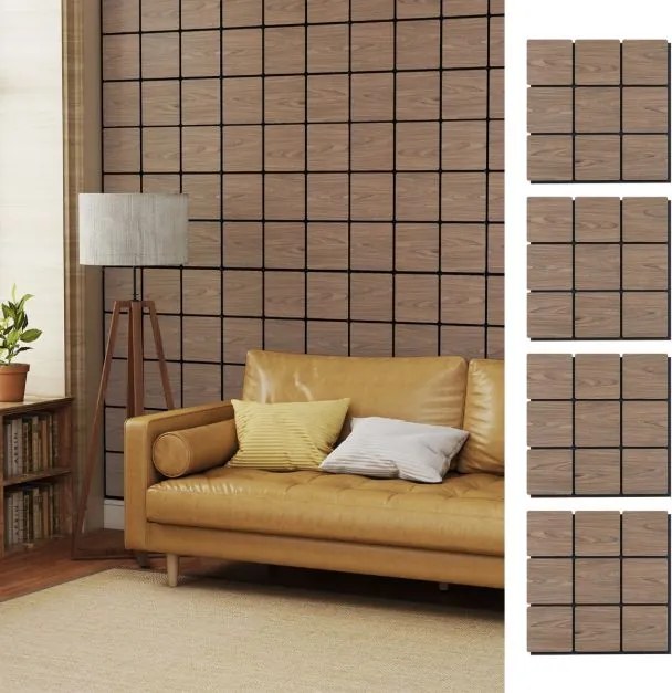Conjunto de 4 painéis acústicos 62 x 62 cm com 9 tábuas quadradas de madeira para redução de ruído e decoração de tetos e paredes
