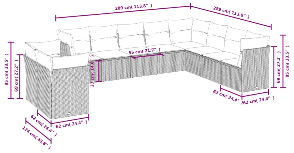 10 pcs conjunto sofás de jardim c/ almofadões vime PE cinzento