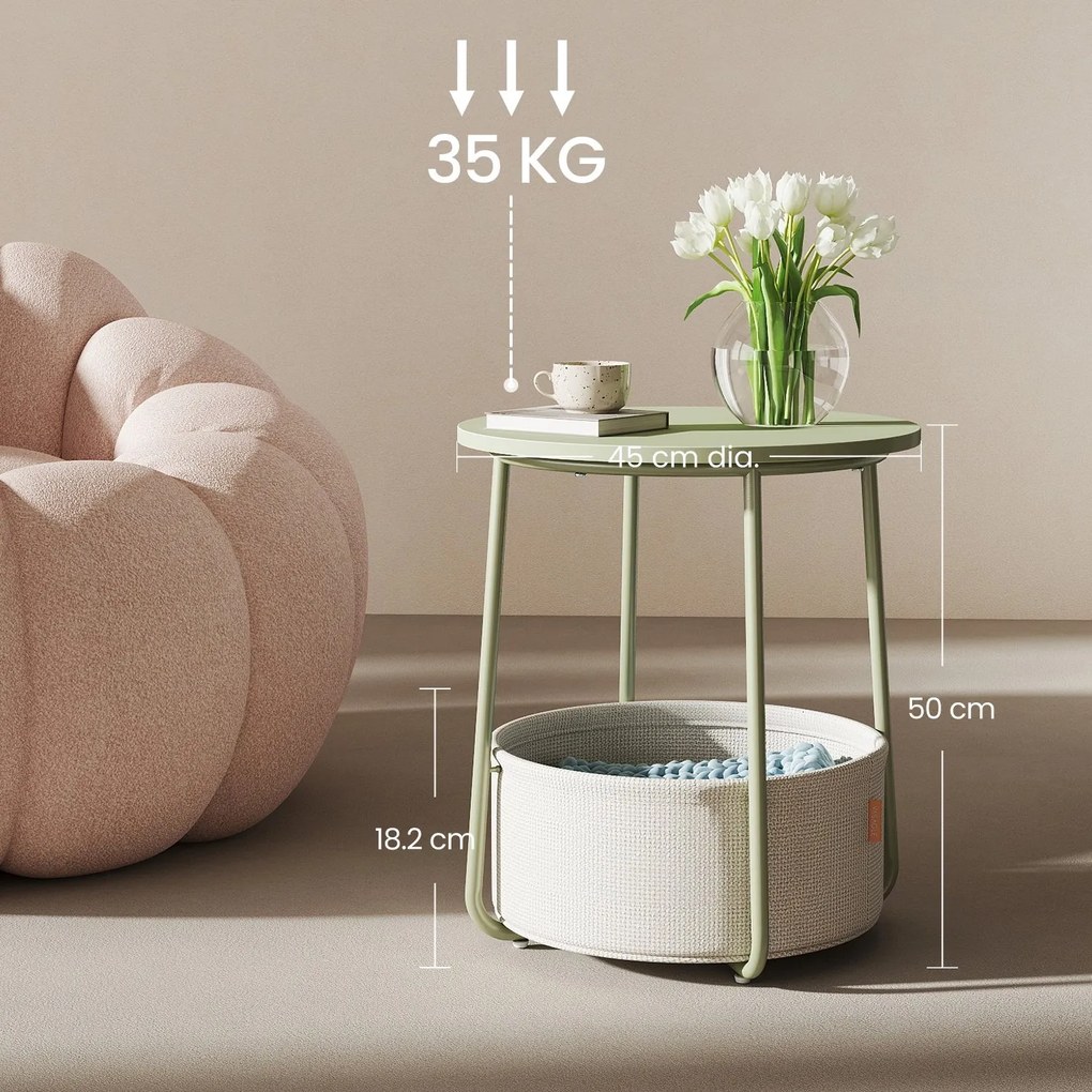 Mesa auxiliar redonda com cesto em tecido 45 x 50 cm verde + branco creme