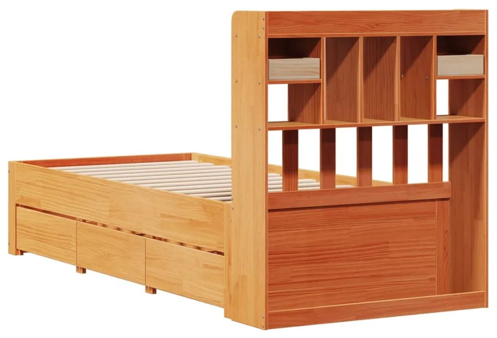Cama com estante sem colchão 75x190cm pinho maciço castanho-mel