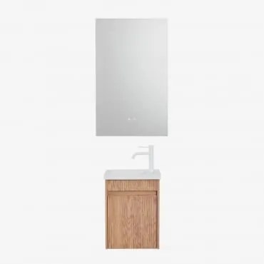 Conjunto De Móvel De Casa De Banho Suspenso Em Madeira Com Lavatório Integrado Narek Castanho Fresno & Retangular Led E Anti-embaciamento - Sklum