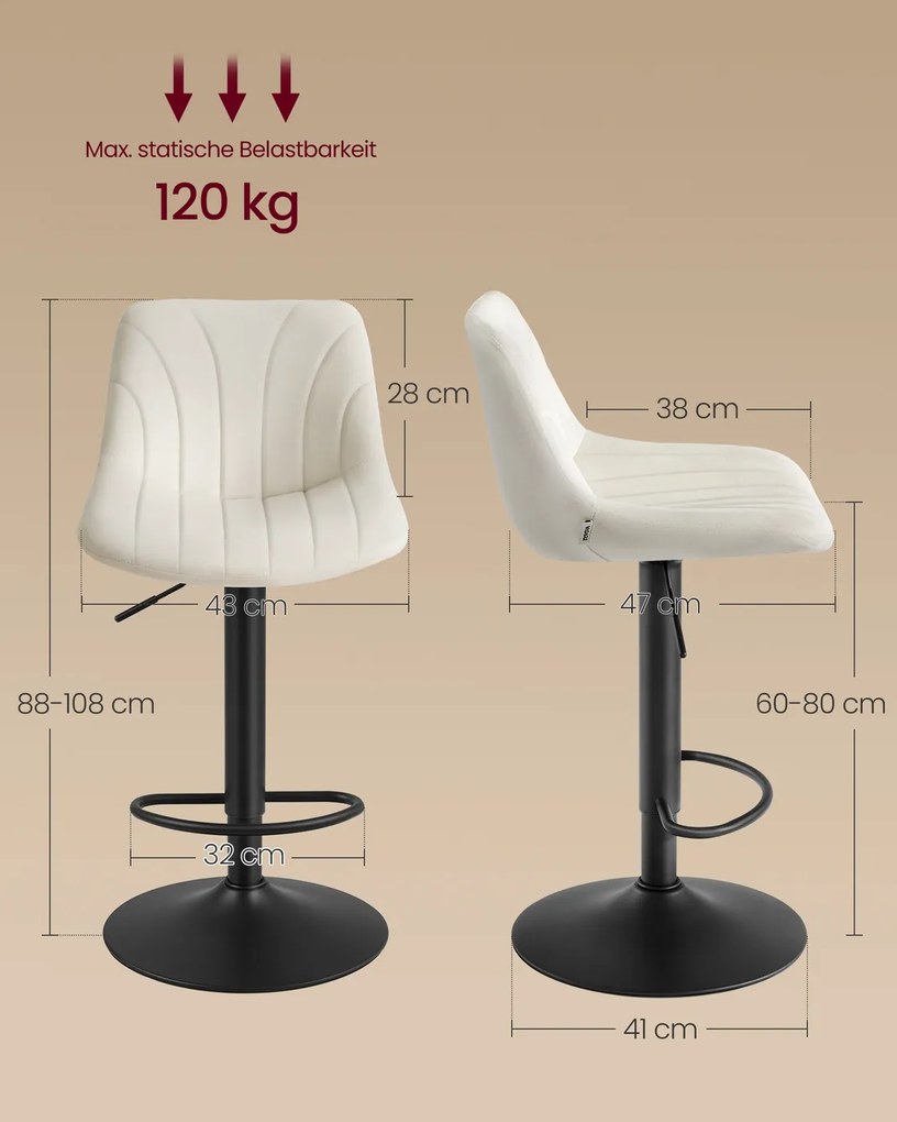 Conjunto 2 bancos bar com encosto e assento giratório 46,5 x 43 x (88-108) cm em veludo branco creme