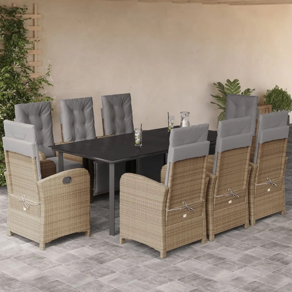 9 pcs conjunto de jantar p/ jardim com almofadões vime PE bege