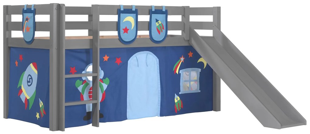 Conjunto Cama alta de Criança PINO 90 x 200 cm + estrado + escada + escorrega + cortina + bolsas de arrumação Astronauta Cinzenta