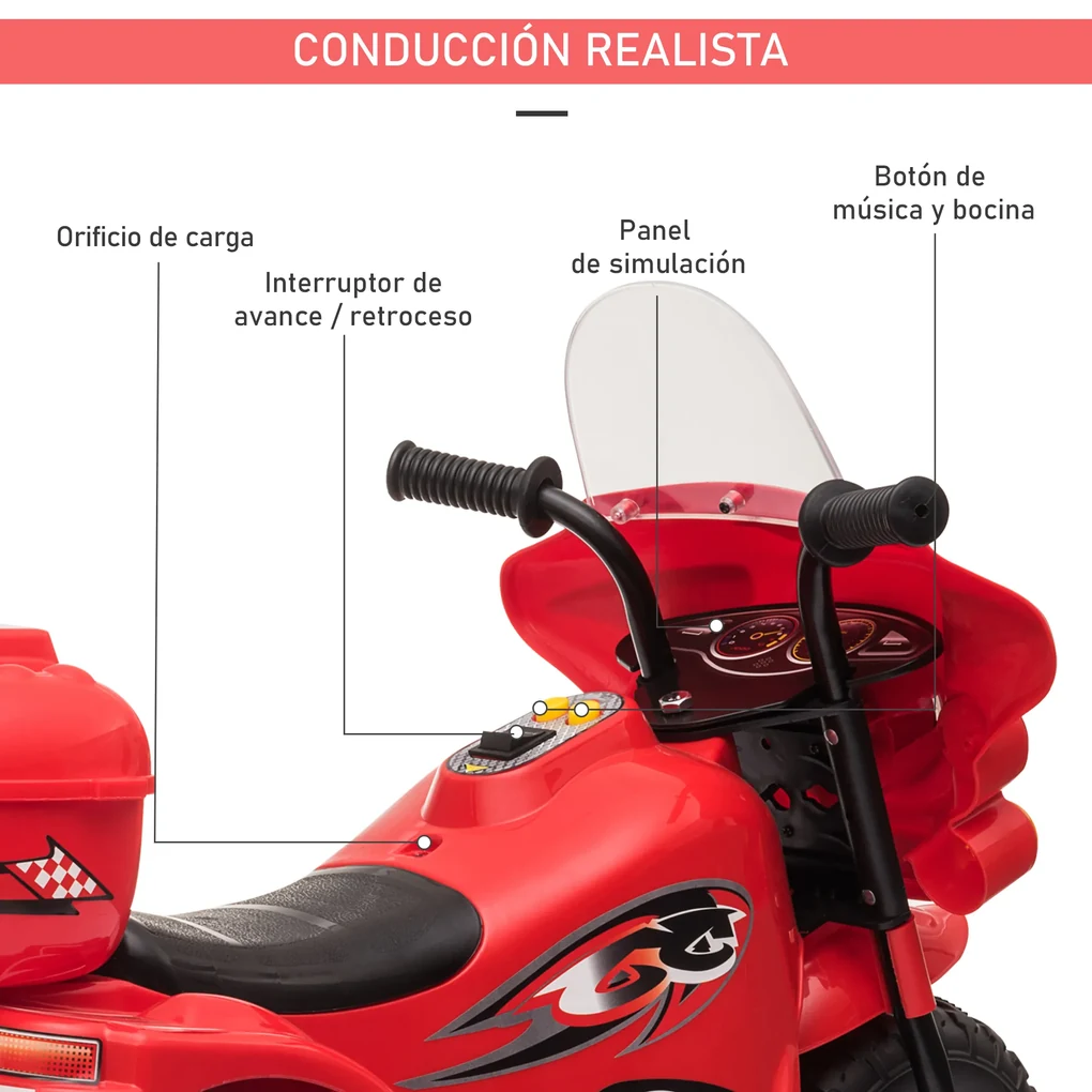 HOMCOM Moto infantil para crianças acima de 18 meses com 3 rodas Música e  farol 71x40x51