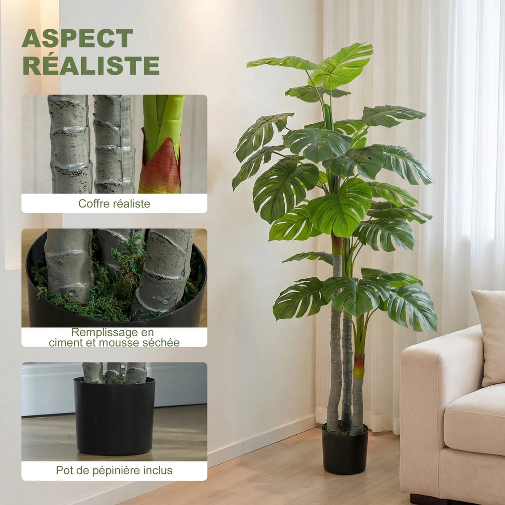 Árvore artificial, planta artificial Monstera, altura 1,5 m, tronco, ramos, líquen, folhas em forma de tartaruga, muito realista, vaso incluído