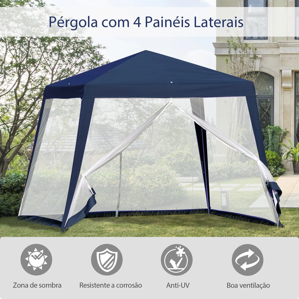 Tenda de Jardim 3x3m Tenda com 4 Partes Laterais Rede Mosquiteira com Fecho Proteção UV para Patio Azul