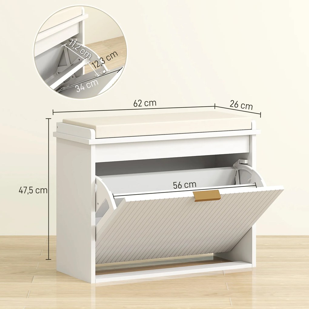 Banco spateira 62 x 26 x 47,5 cm com almofada de assento estofada e gaveta rebatível para o corredor ou quarto, branco