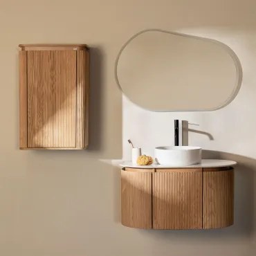 Conjunto De Móvel De Casa De Banho Suspenso 90x50 Cm Em Madeira Carsone Madeira Natural & Madeira Natural & Cerâmica Redonda Branca Ø40 - Sklum