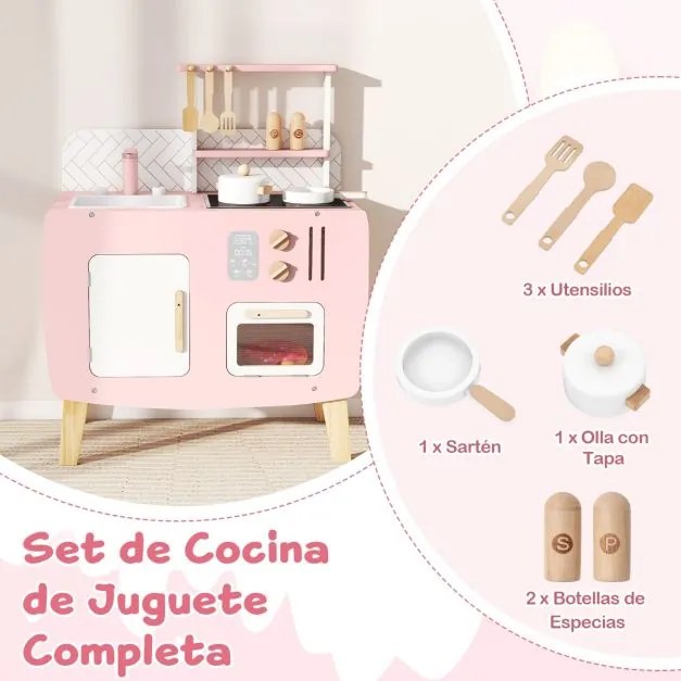 Cozinha de brincar em madeira para crianças 58 x 29 x 73,5 cm com fogão, lava-loiça, torneira, forno e acessórios para brincar às casinhas 3+ anos Ros