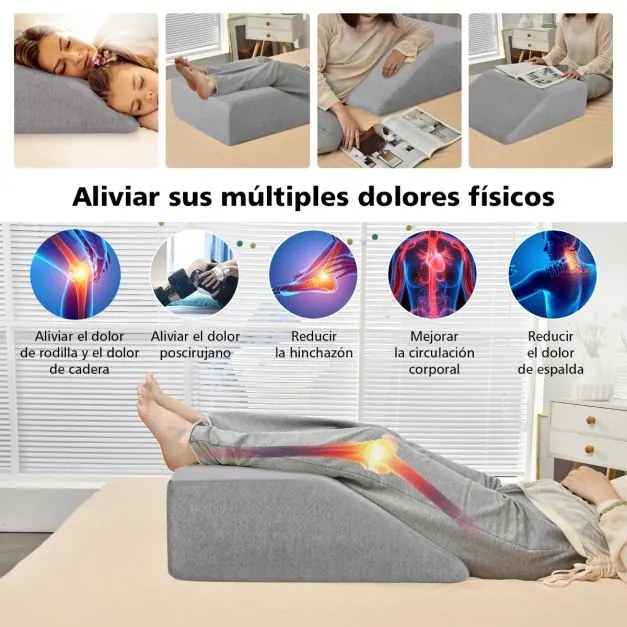 Almofada de elevação das pernas em cunha de espuma viscoelástica amovível com capa amovível respirável para dormir Ler Gravidez 60 x 54,5 x 20 cm Cinz