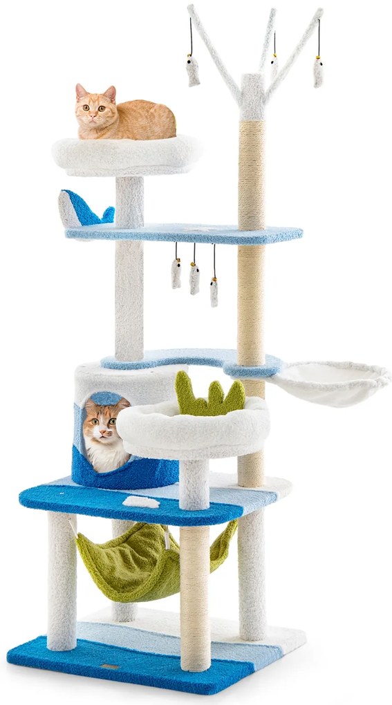 Torre de arranhador para gatos com tema de oceano e postes de arranhar revestidos de sisal - Azul