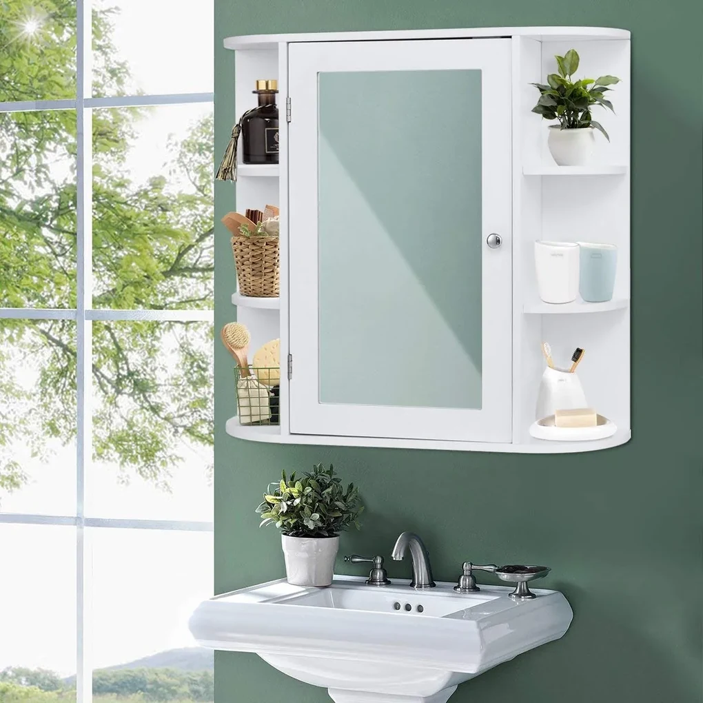 Armário de espelho de casa de banho prateleira de parede armário de  armazenamento 65x17x63cm branco