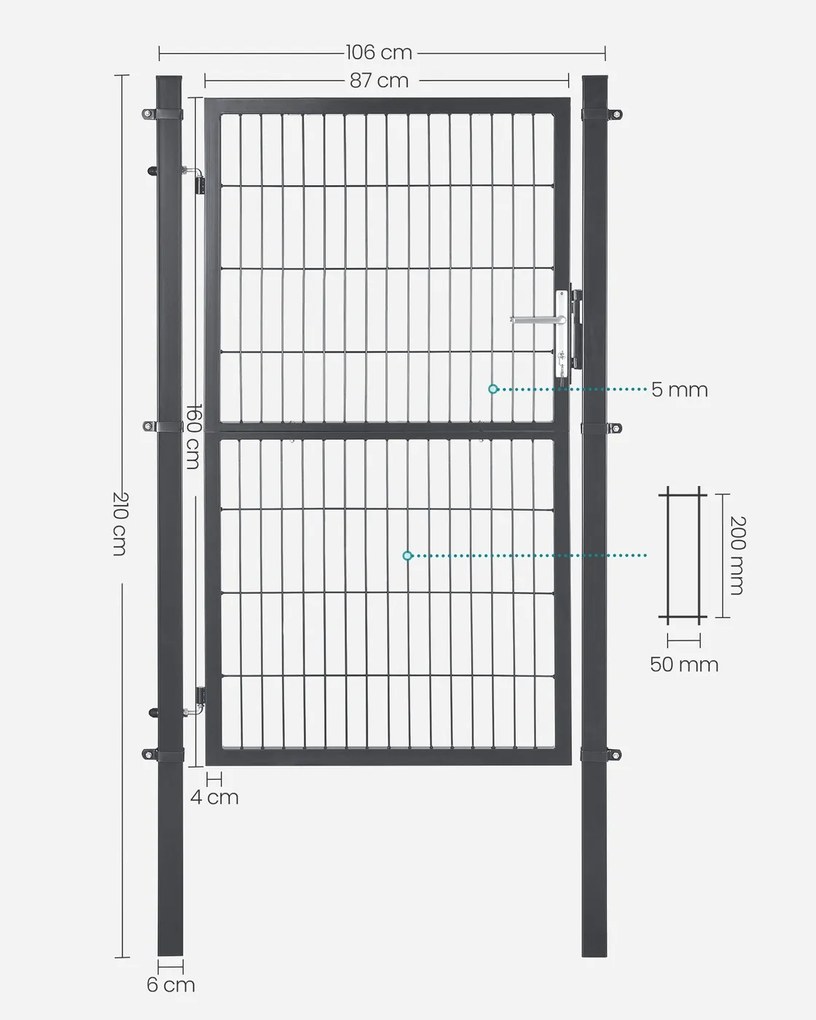 Portão de jardim com fechadura, 106 x 160 cm, aço galvanizado cinzento