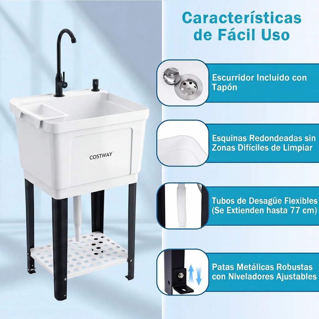 Lava-loiça de Lavandaria plastico, 50,5 x 48 x 120,5 cm, Torneira Giratória de 360°, Branco