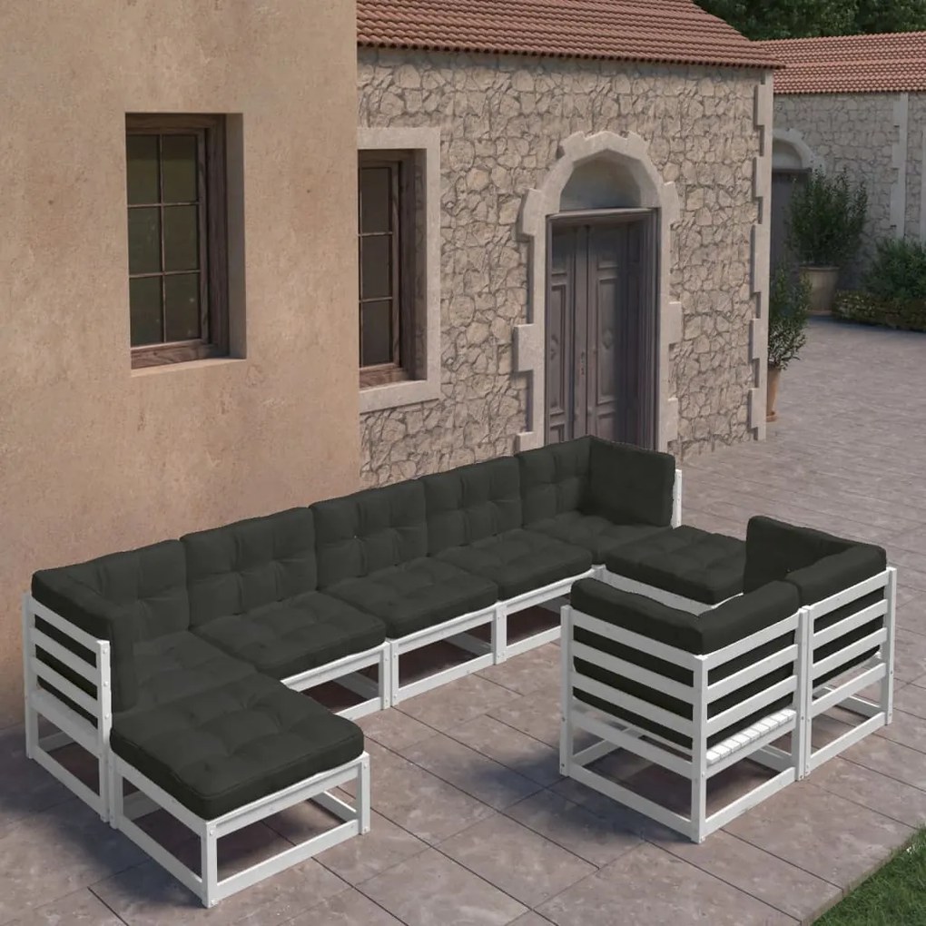 vidaXL 9 pcs conj. lounge de jardim c/ almofadões pinho maciço branco