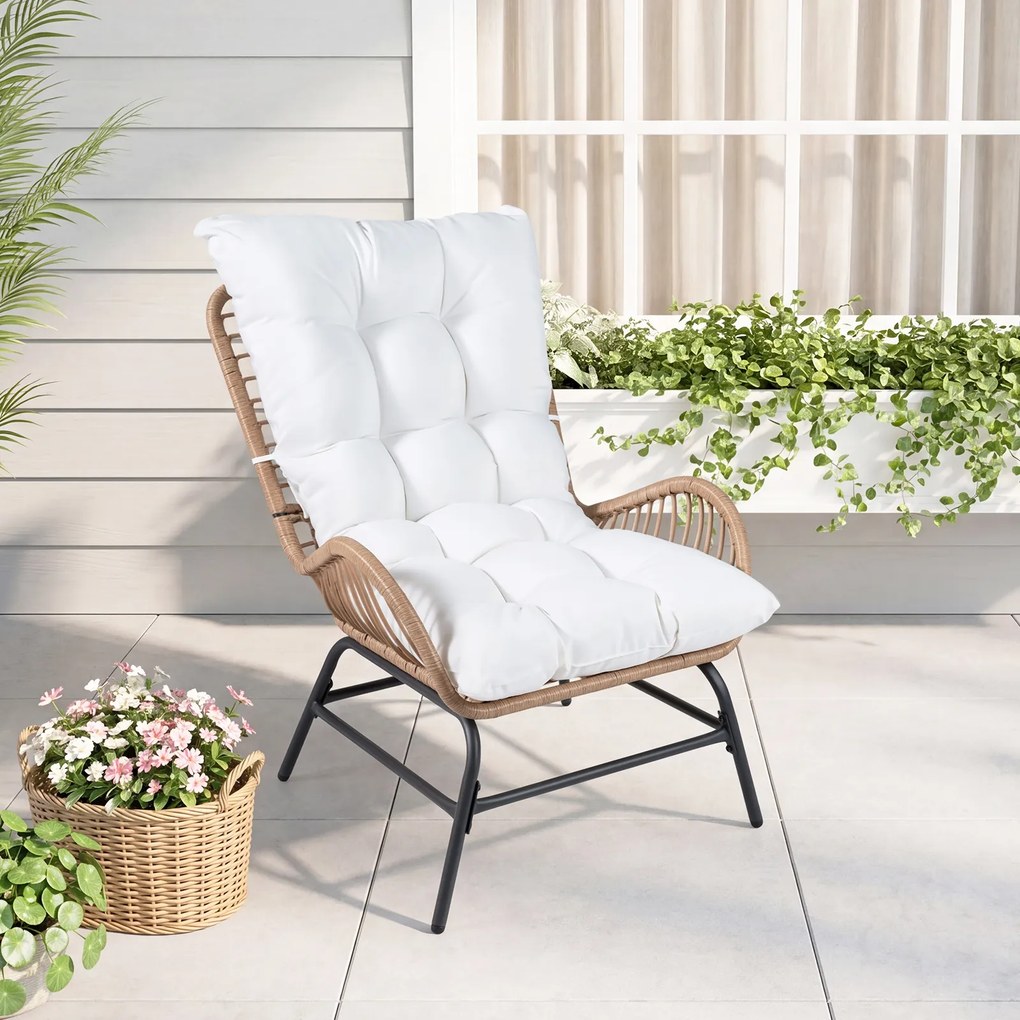 Conjunto de 2 cadeiras jardim de rattan para exterior com almofada grossa removível, encosto alto e braços de metal para terraço, com capacidade de 17