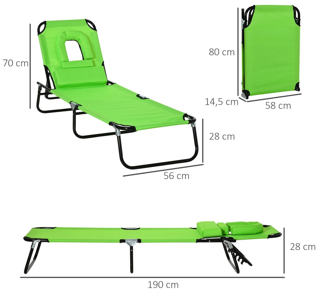 Outsunny Espreguiçadeira Dobrável com Encosto Ajustável em 4 Posições Espreguiçadeira de Jardim com Almofada Estrutura de Aço Tecido Oxford para Acampamento Praia Terraço 190x56x28cm Verde