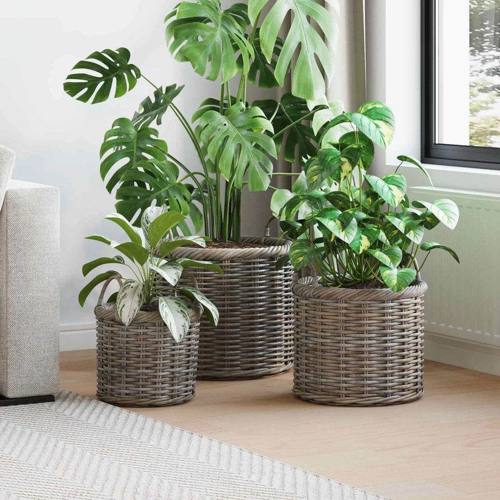 vidaXL Cesta de Plantas com armazenamento 3 pcs Cinzeto Rattan Kubu