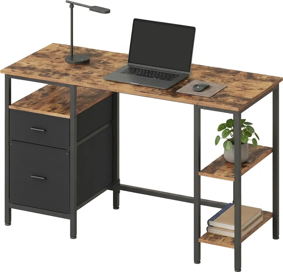 Secretária com 3 prateleiras com 2 gavetas, 127 x 50 x 76 cm castanho-preto