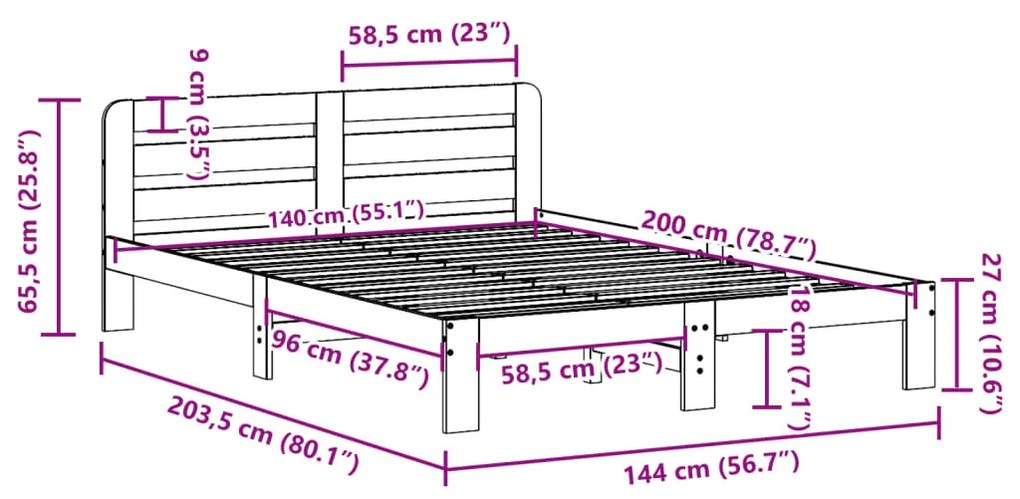 Cama sem colchão 140x200 cm madeira de pinho maciça branco