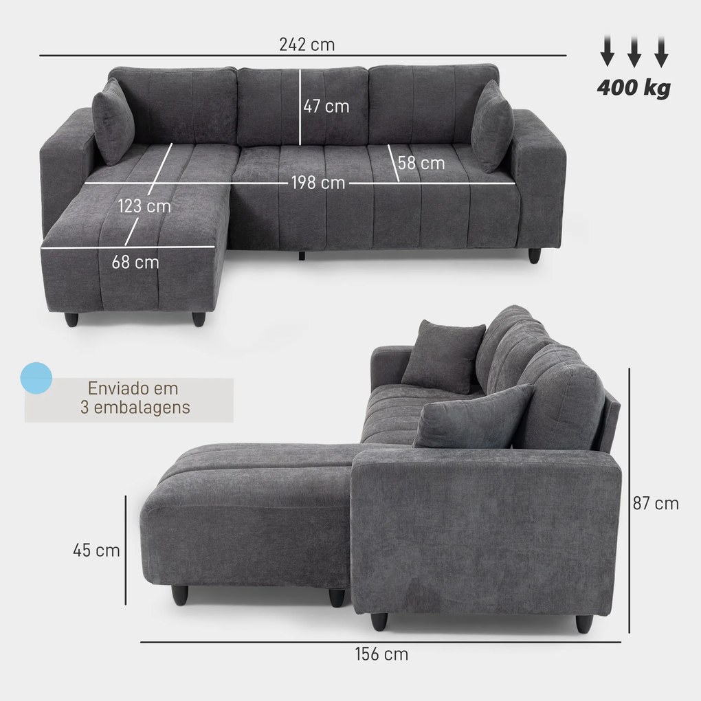 Sofá Chaise Longue Reversível 3 Lugares com 2 Almofadas Estofado em Linho e Estrutura em Aço 242x156x87 cm Cinzento Escuro