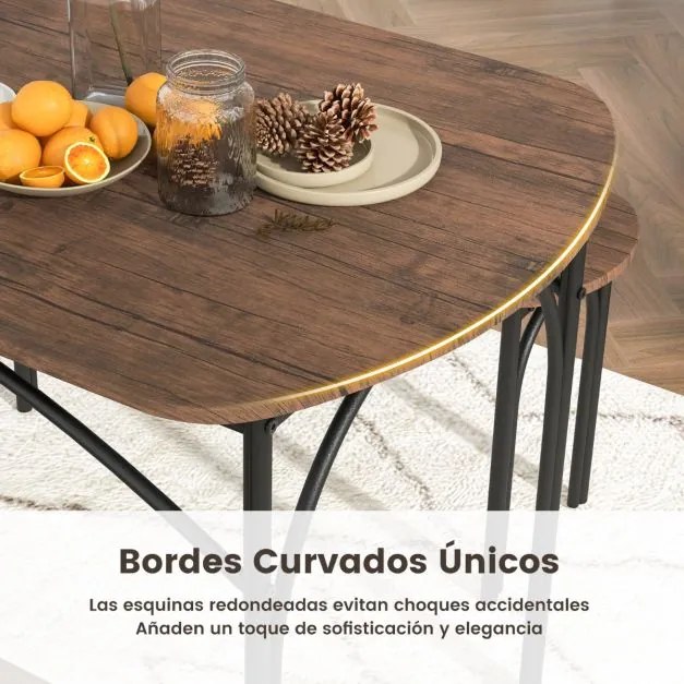 Conjunto de mesa de jantar de 3 peças para 4 pessoas Mesa retangular de madeira e 2 bancos com estrutura metálica  castanho