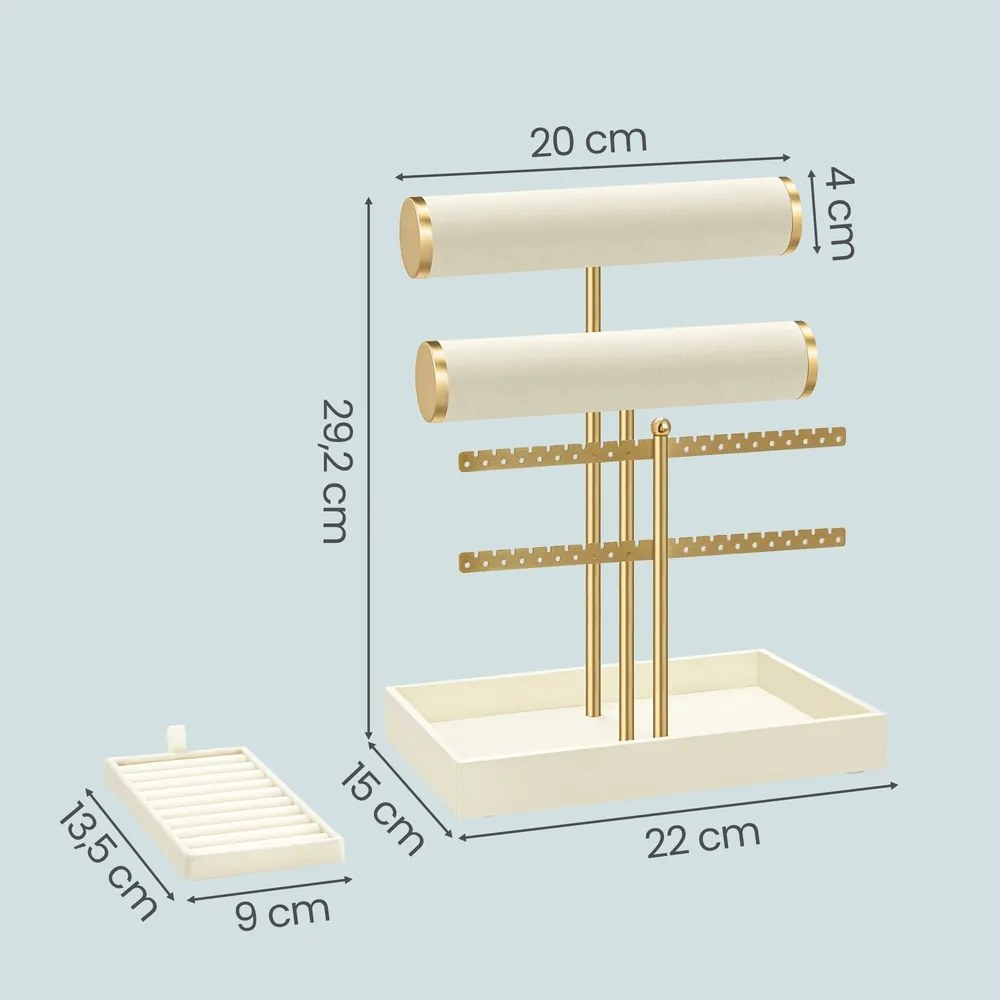 Porta-joias com suporte para anéis removível  15 x 22 x 29,2 cm Branco creme-dourado