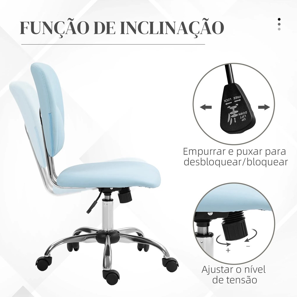 Cadeira de Escritório Giratória de Couro PU com Altura Ajustável e Função Basculante 50x54x87,5-96,5 cm Azul Claro