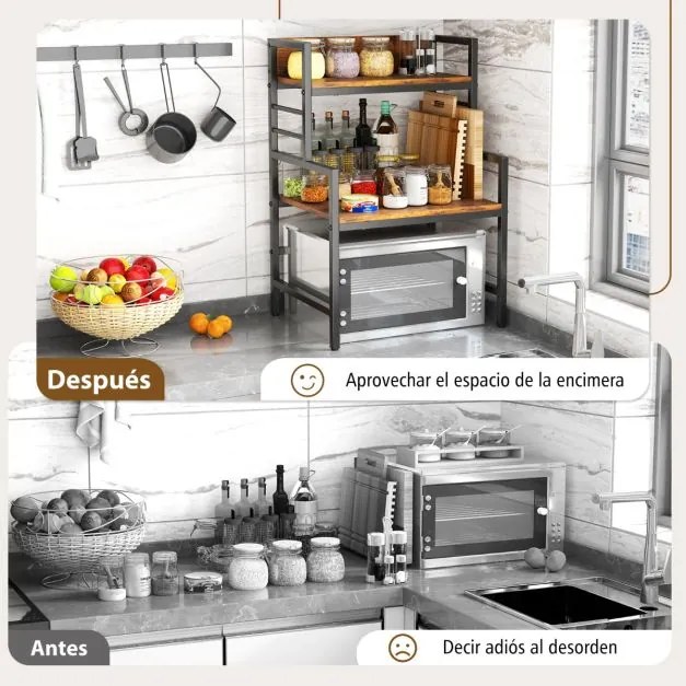 Prateleira de 3 níveis para micro-ondas de cozinha com 2 Estantes Barra de metal para poupança de espaço Castanho