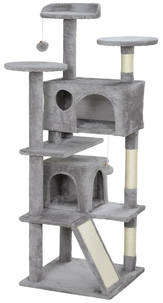PawHut Arranhador para Gatos com Postes de Sisal Plataformas Cavernas Bolas Pendentes e Redes 49x49x138 cm Cinza Claro | Aosom Portugal