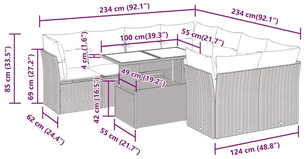 9 pcs conjunto sofás jardim almofadões vime PE/acácia cinzento