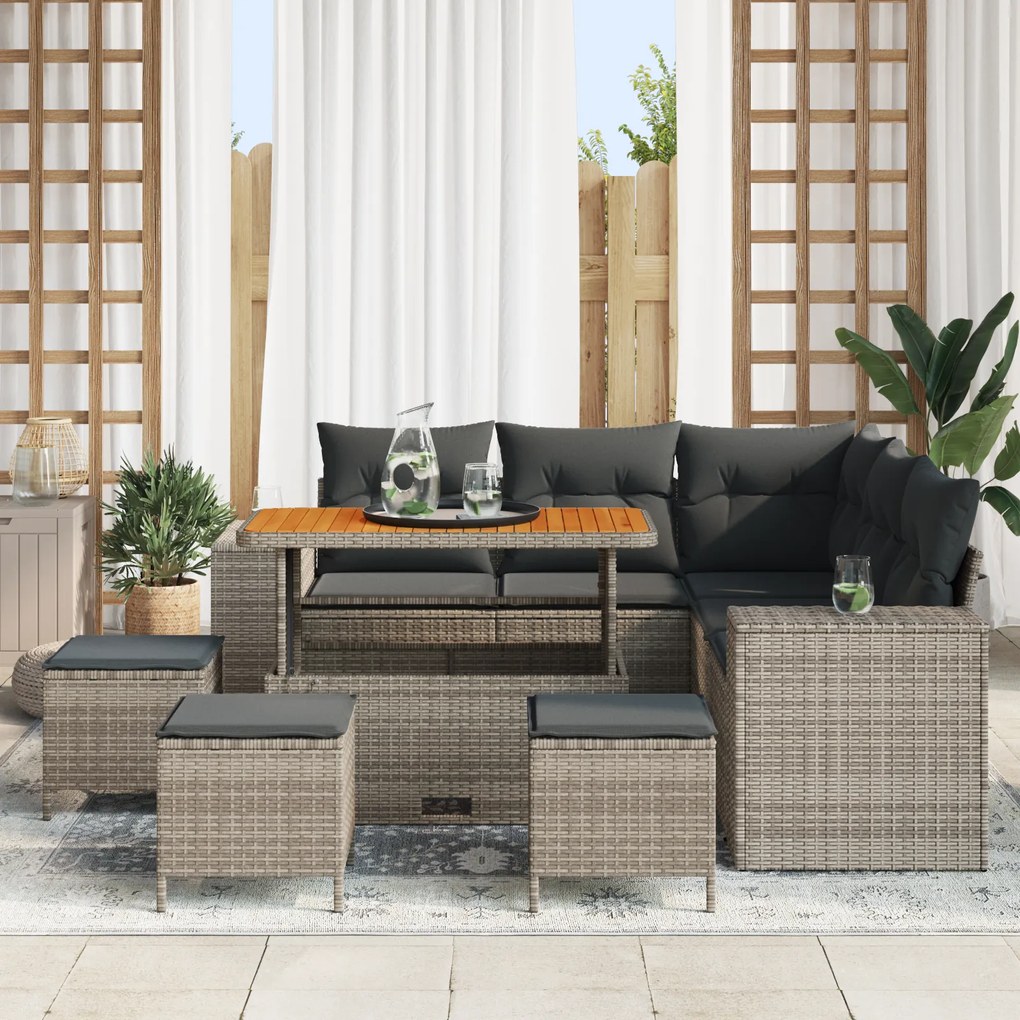 Conjunto de Sofá de Jardim de 9 Peças com Almofadas Cinza Vime Acácia,