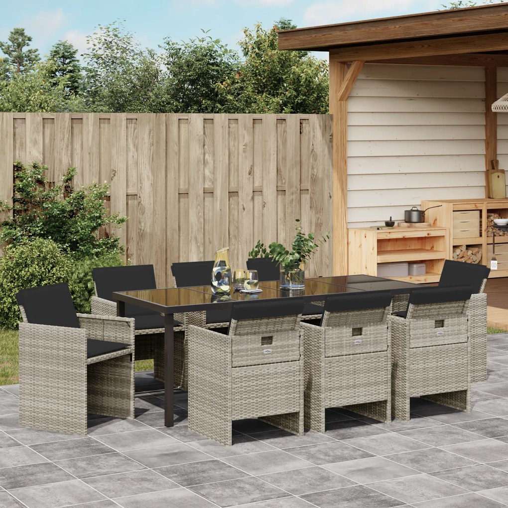 Conjunto de Jantar de 9 Peças com Almofadas Cinza Claro Polyrattan