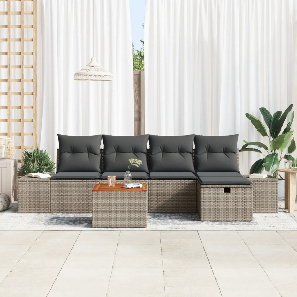 Conjunto de Sofá de Jardim de 6 Peças com Almofadas Cinza em Rattan Si