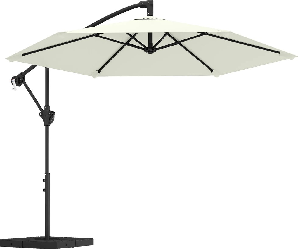 Outsunny Guarda-sol suspenso aprox. Ø300 cm com mecanismo de travamento, manivela, base e pesos Creme branco | Aosom Portugal