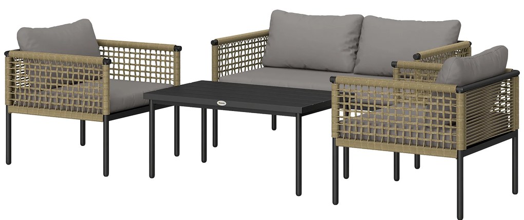 Conjunto de Jardim de Vime Sintético de 4 Peças Inclui 1 Sofá Duplo 2 Cadeiras e Mesa de Centro com Almofadas Madeira e Cinzento