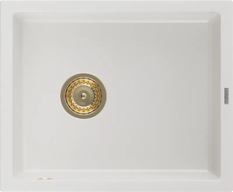 Mexen Pedro lava-louça de granito 1-cuba 560 x 460 mm, branco, sifão dourado - 6508561000-20-G