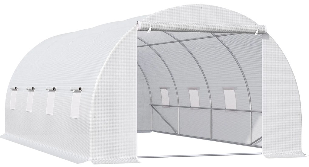 Outsunny Estufa Tipo Túnel 600x300x200cm com 8 Janelas e Cobertura de Polietileno para Cultivo de Plantas Estrutura de Aço 24mm para Jardim Branco