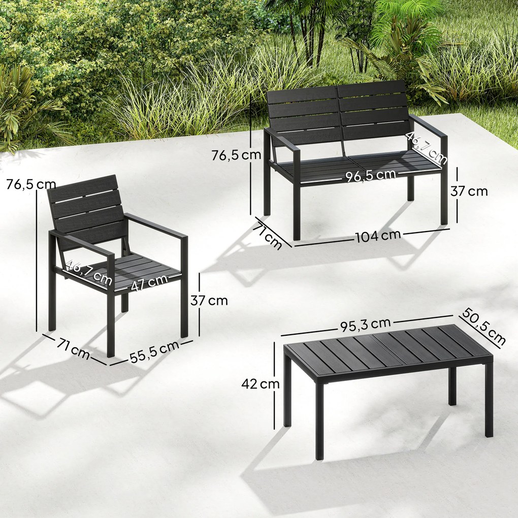 Conjunto de Móveis de Jardim para 4 Pessoas Sofá de 2 Lugares 2 Cadeiras e Mesa de Centro Preto